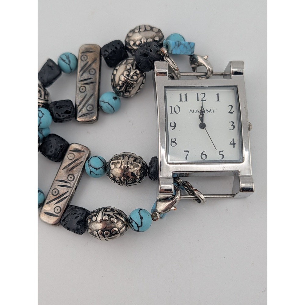 Narmi Women's Watch 31mm Silver Case Southwest Beaded Stretch Band- New Battery